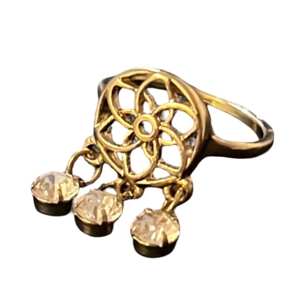 Whimsical Gold Plated Dream Catcher Medallion Crystal Rhinestone Dangle Ring - Picture 1 of 11